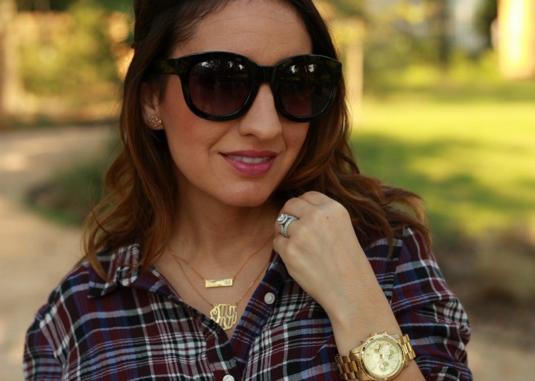 Fall Jewelry style-Layered Bauble Bar monograms and big sunnies