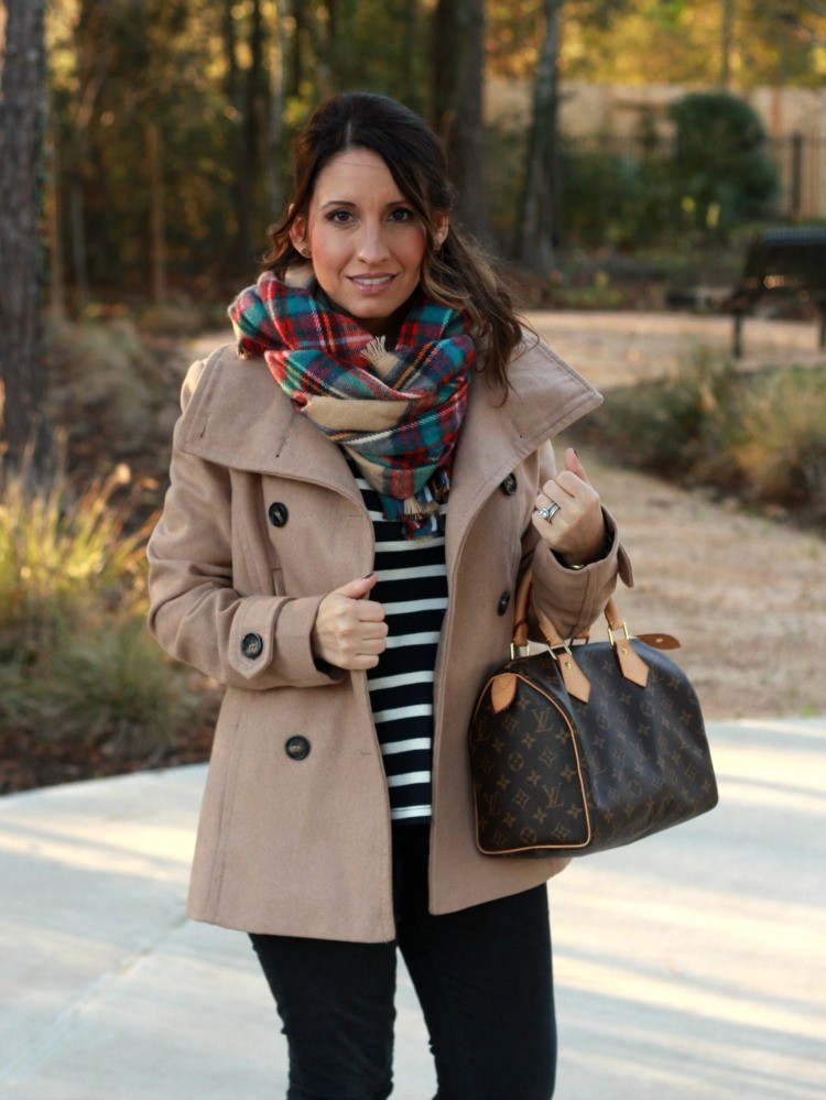 Camel coat, plaid scarf, and striped peplum top