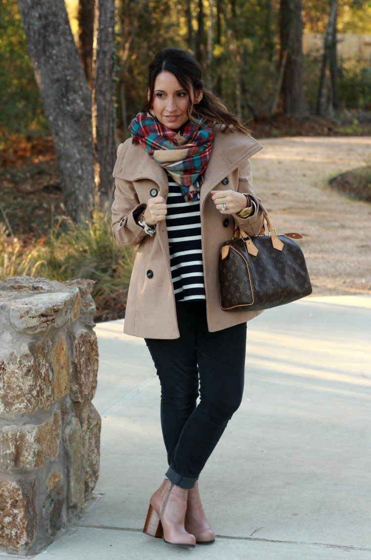Camel colored coat, plaid scarf-Fall Fashion