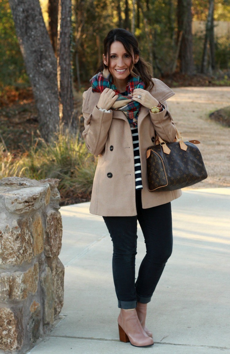 Plaid scarf, camel coat, and nude booties