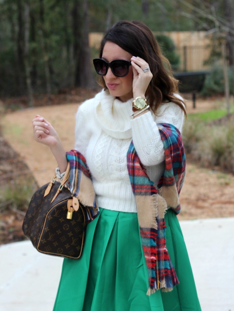 Plaid scarf, cowl neck sweater, and sunnies