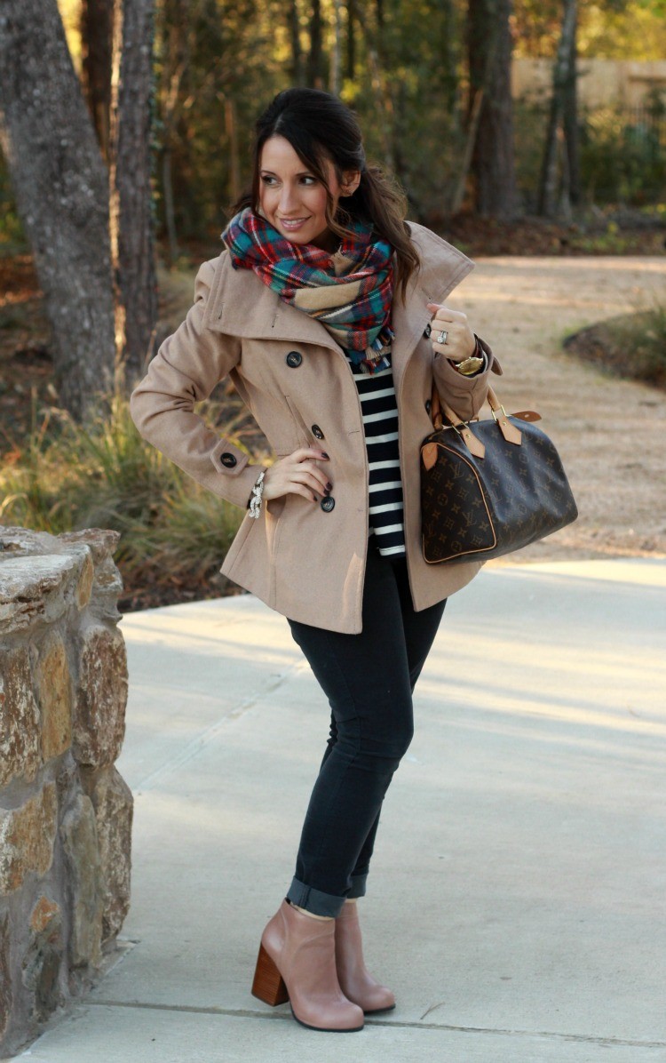 Camel coat, plaid scarf, and booties