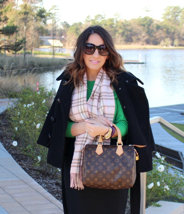 J.Crew Tippi Green sweater and pink Burberry Scarf