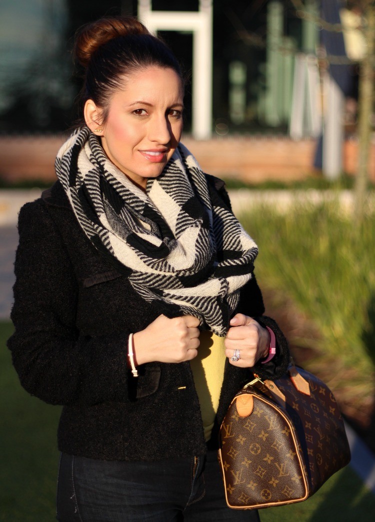 Black coat, Infinity scarf, yellow polo, and brown Louis Vuitton bag