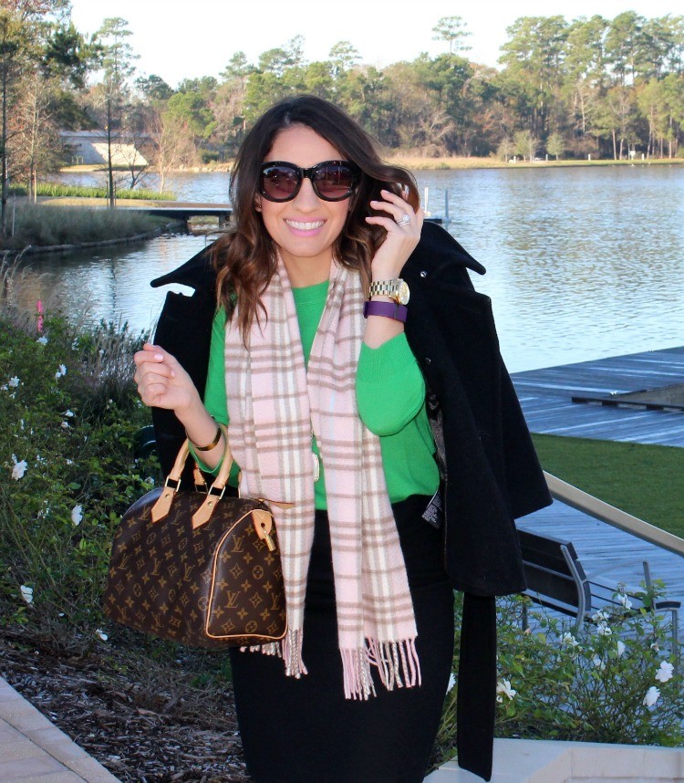 Black coat, and pink Burberry scarf