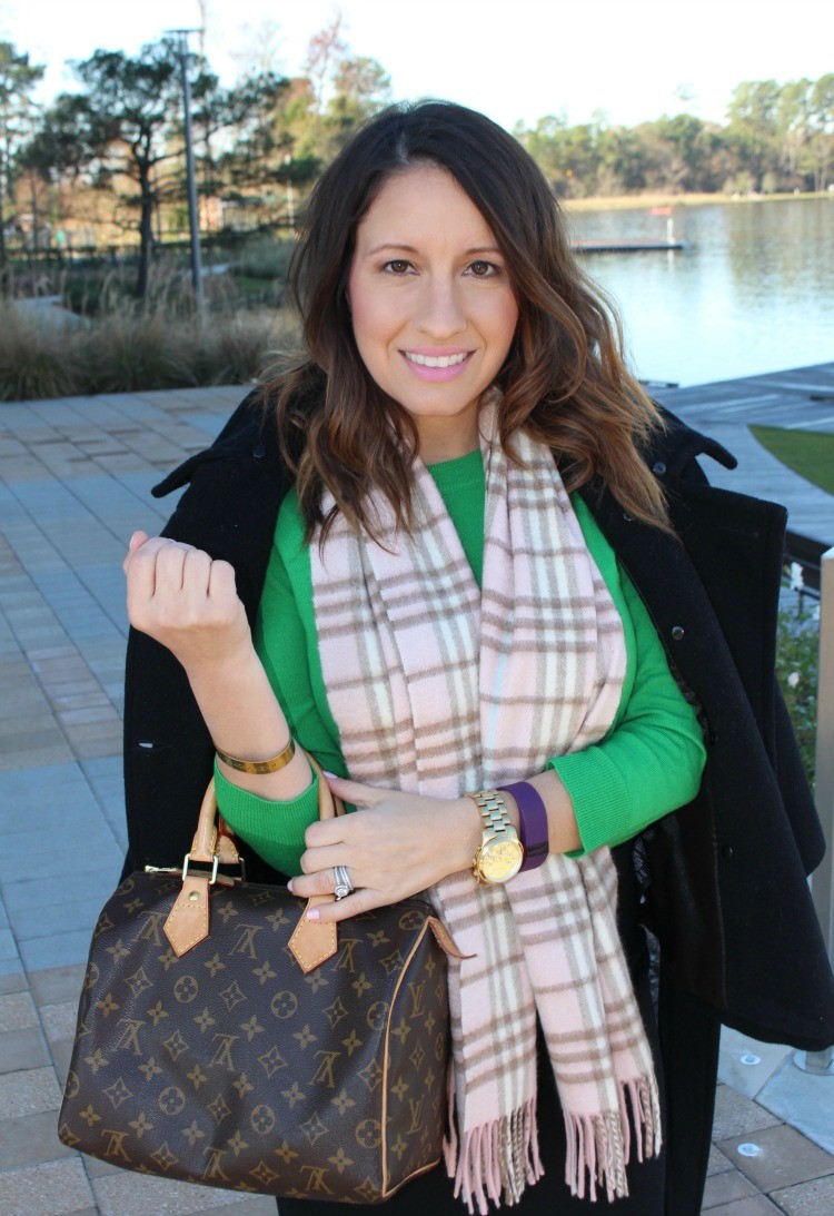 Coat,green sweater, and Louis Vuitton bag