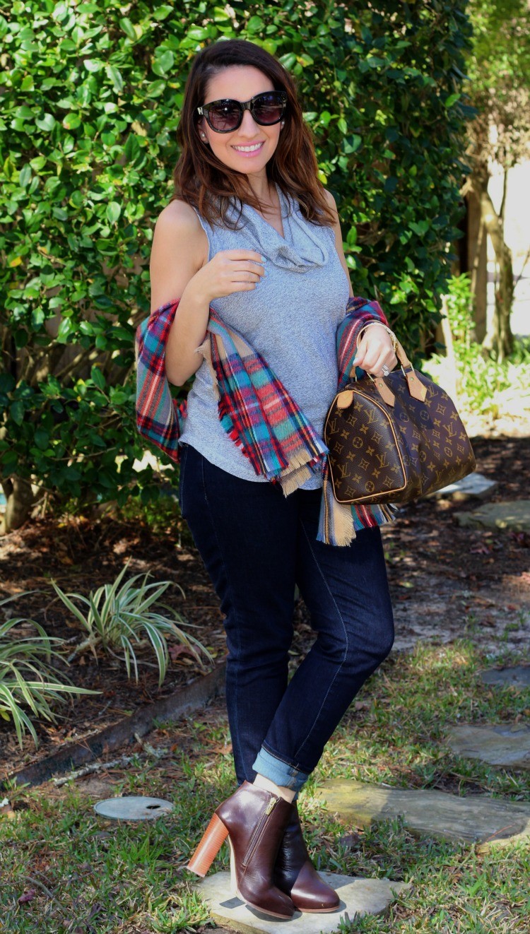 Cowl neck top, scarf, skinnies, and booties