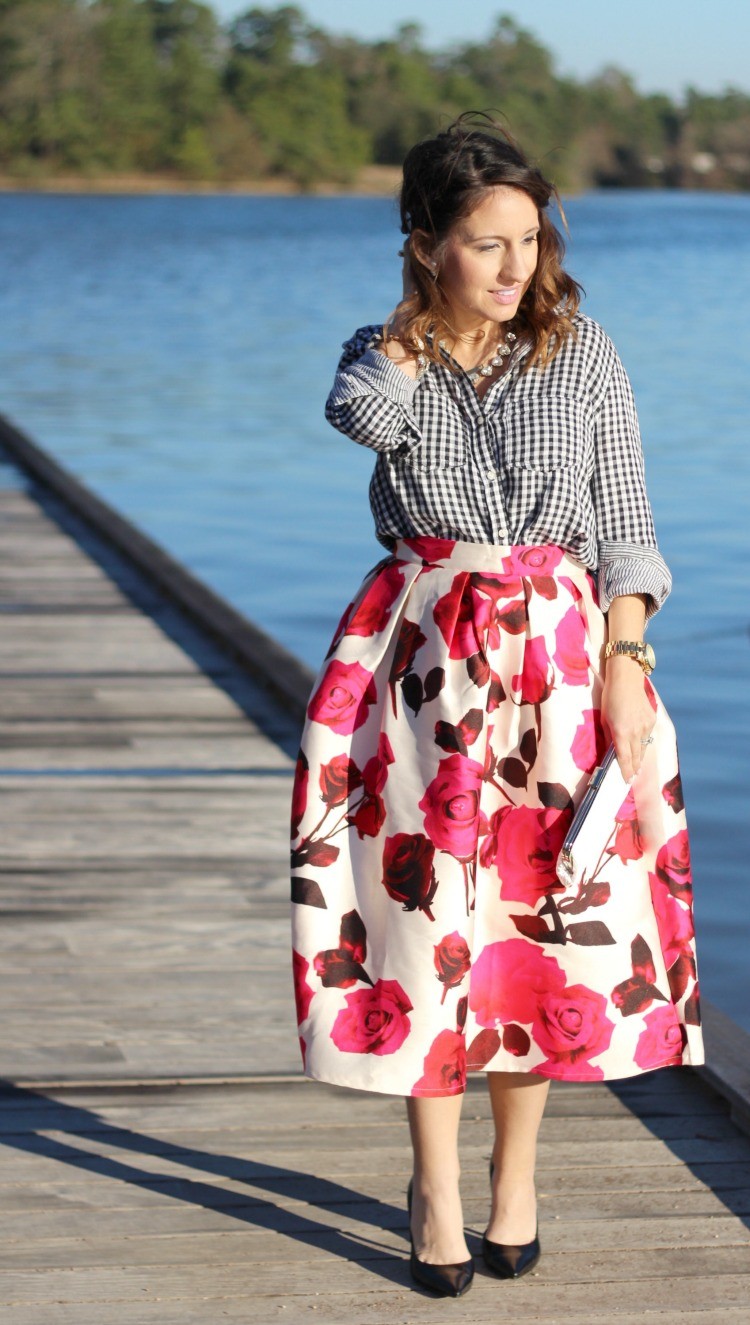 Gingham top, a line midi skirt, and heels