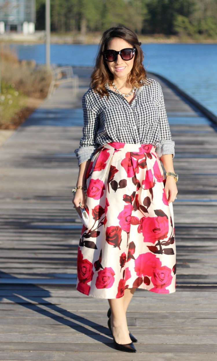 Gingham top, rose bud midi skirt, and black heels 