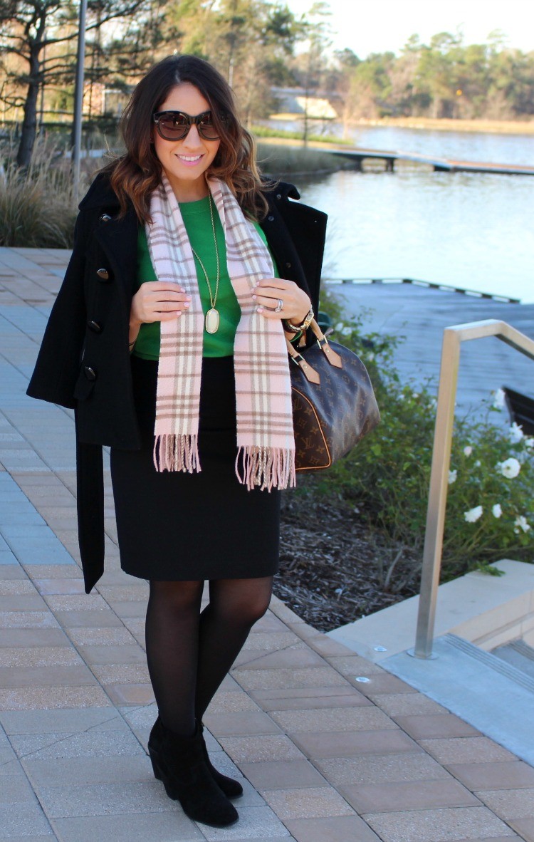 Green sweater, pencil skirt, tights, and booties