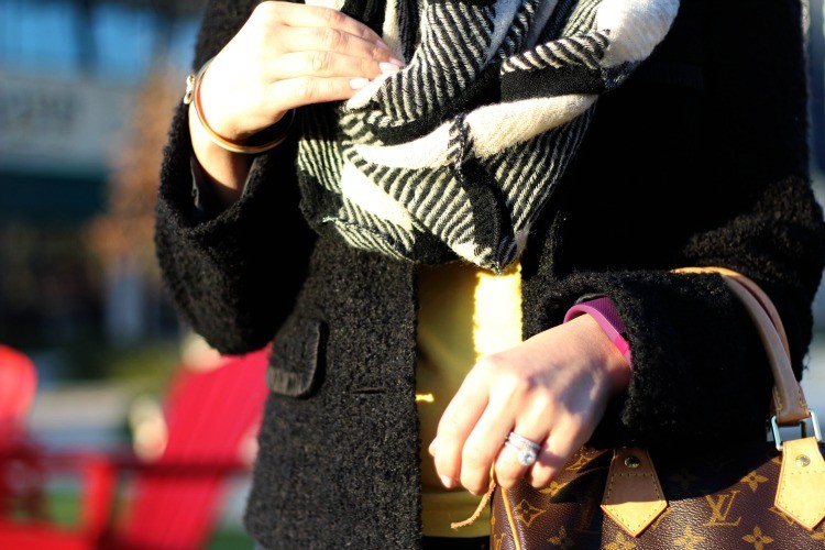 Infinity scarf, White bow bracelet, and purple fit bit