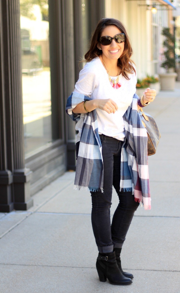 Scarf, white top, and skinny corduroys and booties
