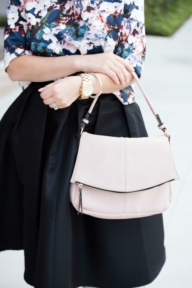 Floral crop top and rose colored bag