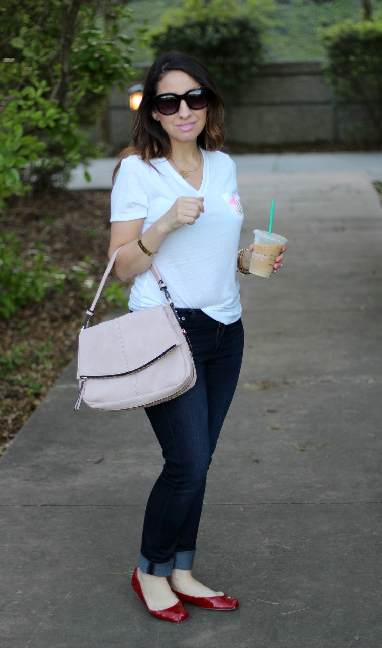 Monogramed V-neck, skinnies, and red flats