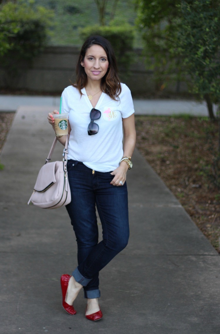 Starbucks, sunnies, and monogramed tee