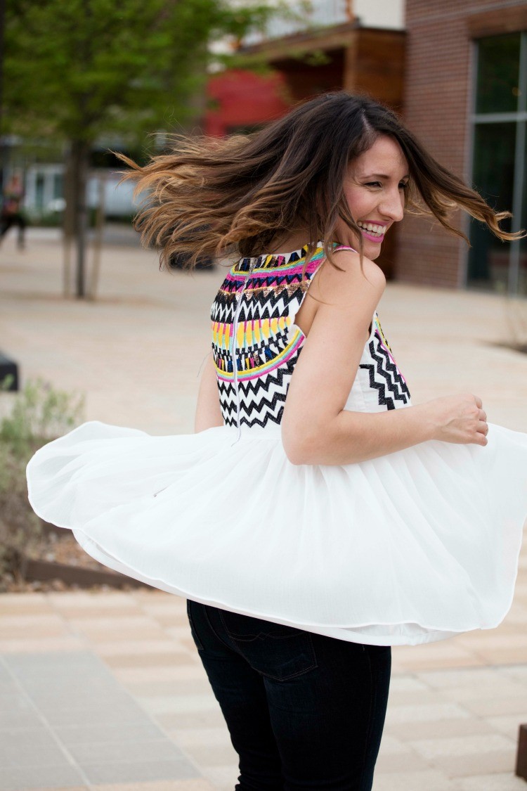 Twirling in the prettiest White Sleeveless Embroidery Pleated Chiffon top