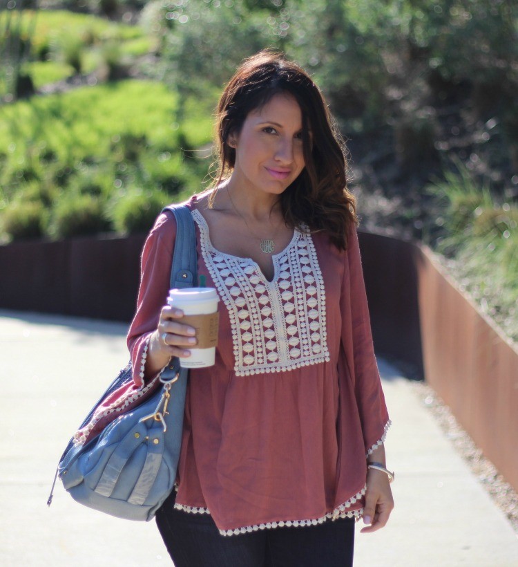 Francesca's top, Urban Expressions bag, and Starbucks