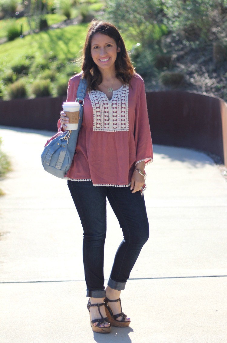 Francesca's top, skinny jeans, and wedges