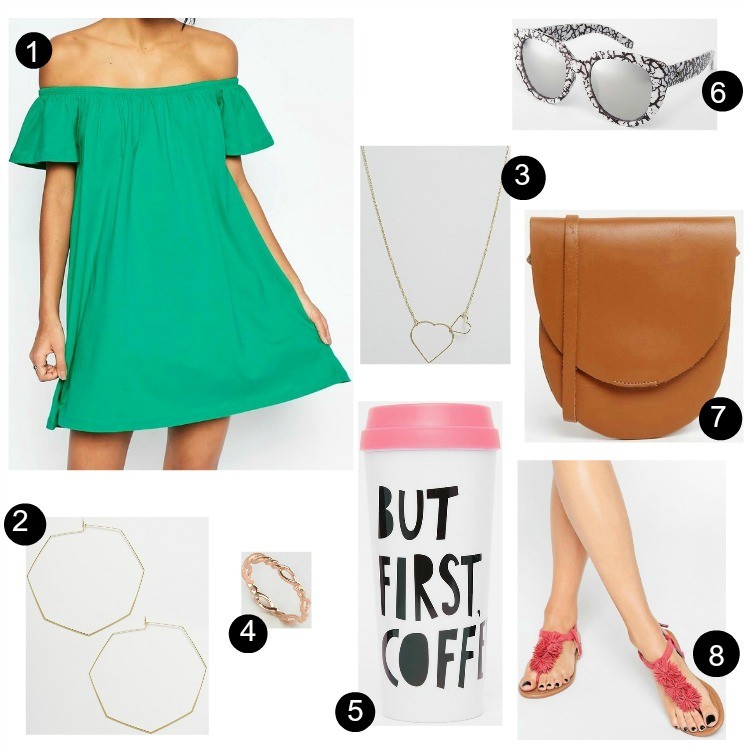 Cute off the shoulder Kelly green dress + accessories