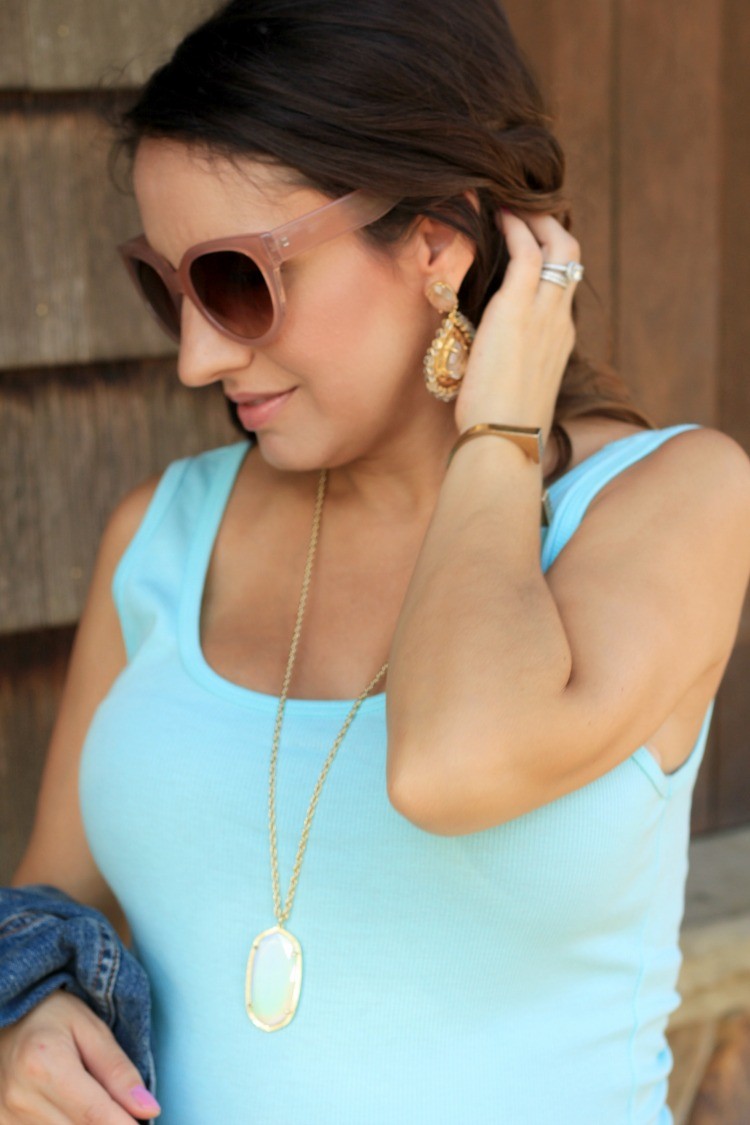 Gold Lisi Lerch earrings, pink sunnies, and the perfect Kendra Scott necklace