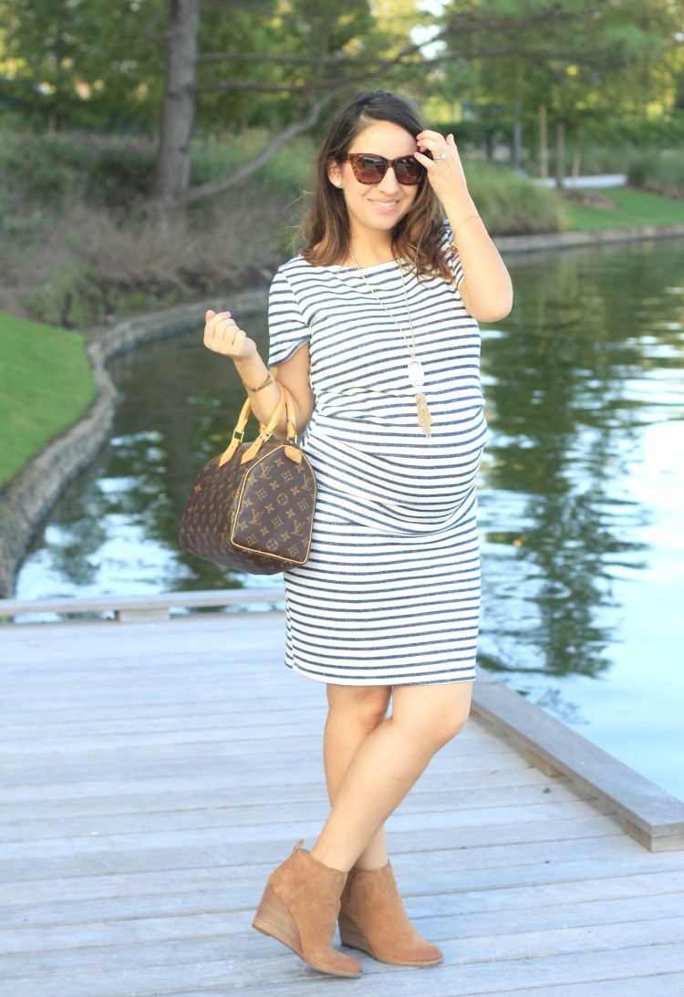 Ivory Navy Blue Striped Fitted Short Sleeve Maternity Dress