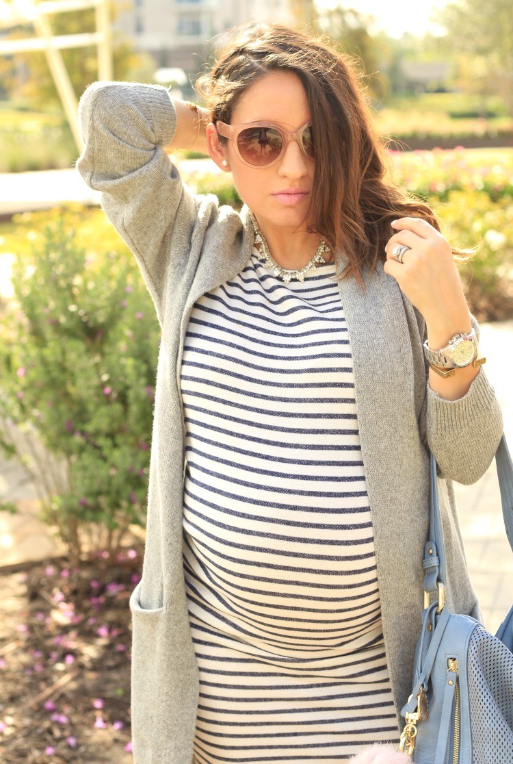 Must have grey sweater and Pink Blush Maternity Dress