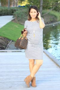 Pink Blush Maternity Ivory Navy Blue Striped Fitted Short Sleeve Maternity Dress