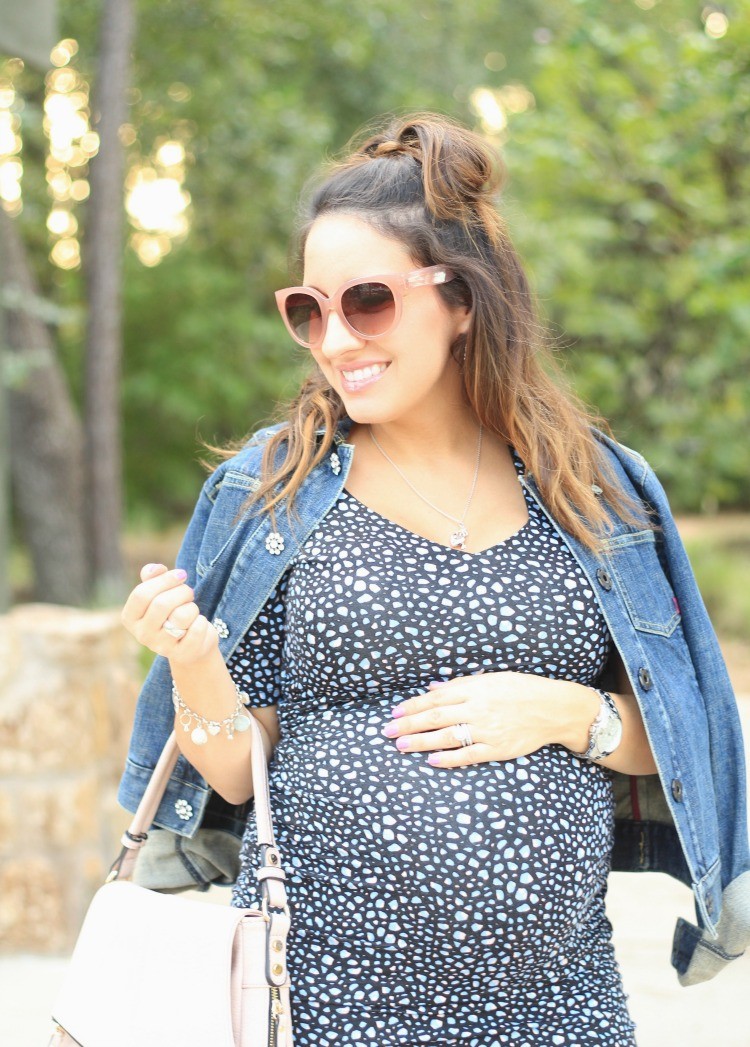 Pretty In Her Pearls + Half up top knot, light pink sunglasses, denim jacket, and pink and blue maternity dress