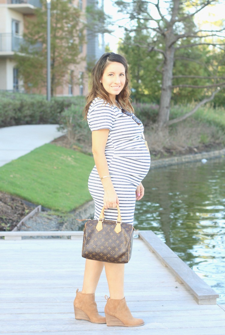 Pretty In Her Pearls Striped Blue and White Pink Blush Maternity Dress, Taupe Lucky Brand Booties, and Louis Vuitton Bag