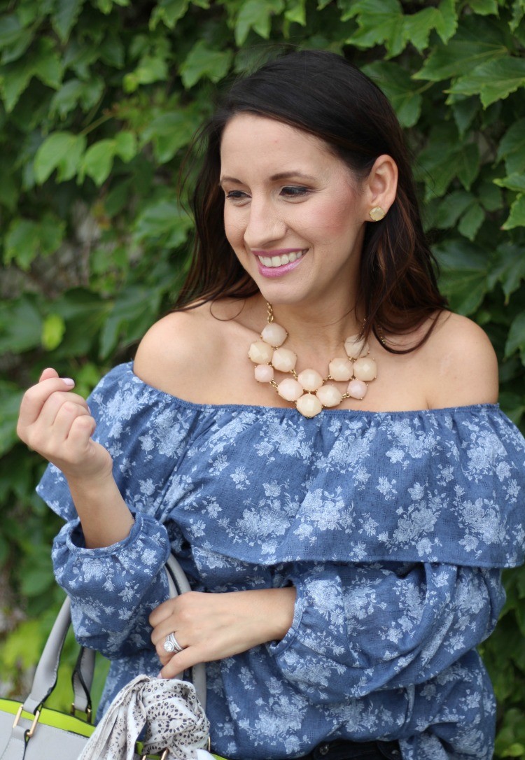 Lane 201 Floral Denim Off The Shoulder Top, s, Pretty In Her Pearls, Houston Style, Petite Blogger