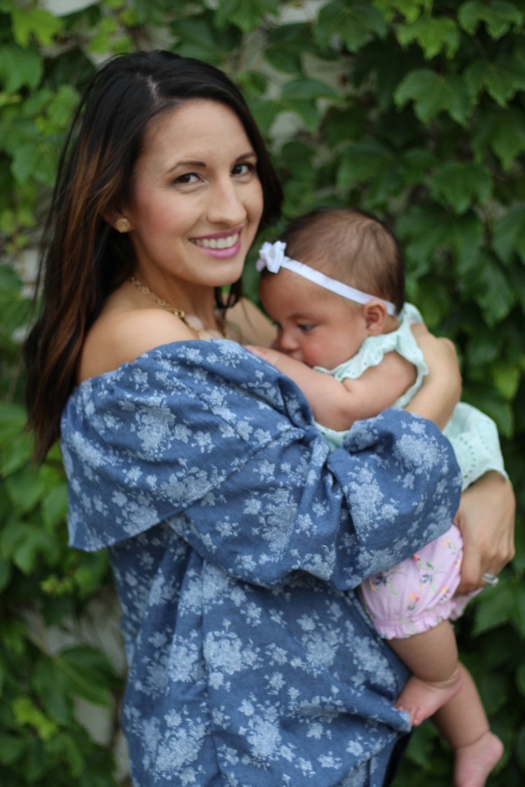 Mommy and me date with Sofi, Lane 201 Floral Denim Off The Shoulder Top, Pretty In Her Pearls, Houston Style, Petite Blogger
