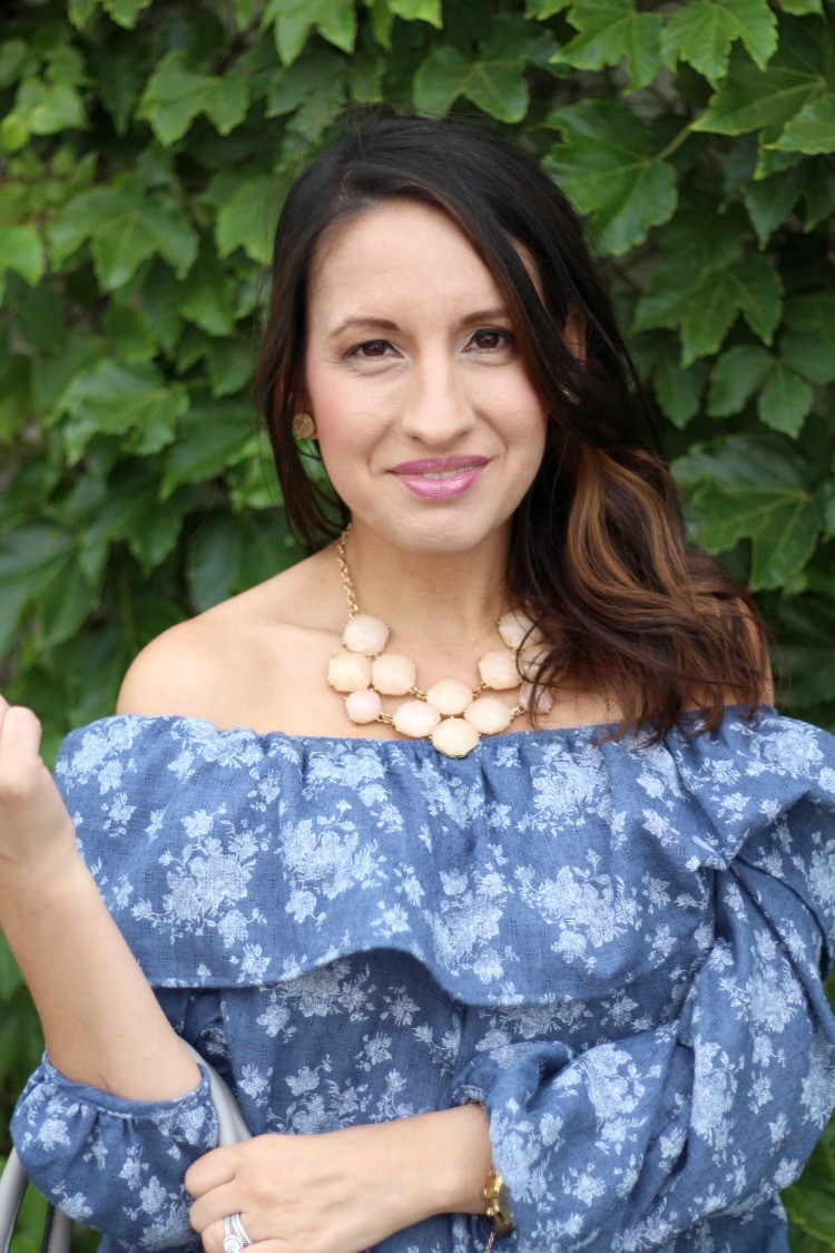 Lane 201 Floral Denim Off The Shoulder Top, s, Pretty In Her Pearls, Houston Style, Petite Blogger