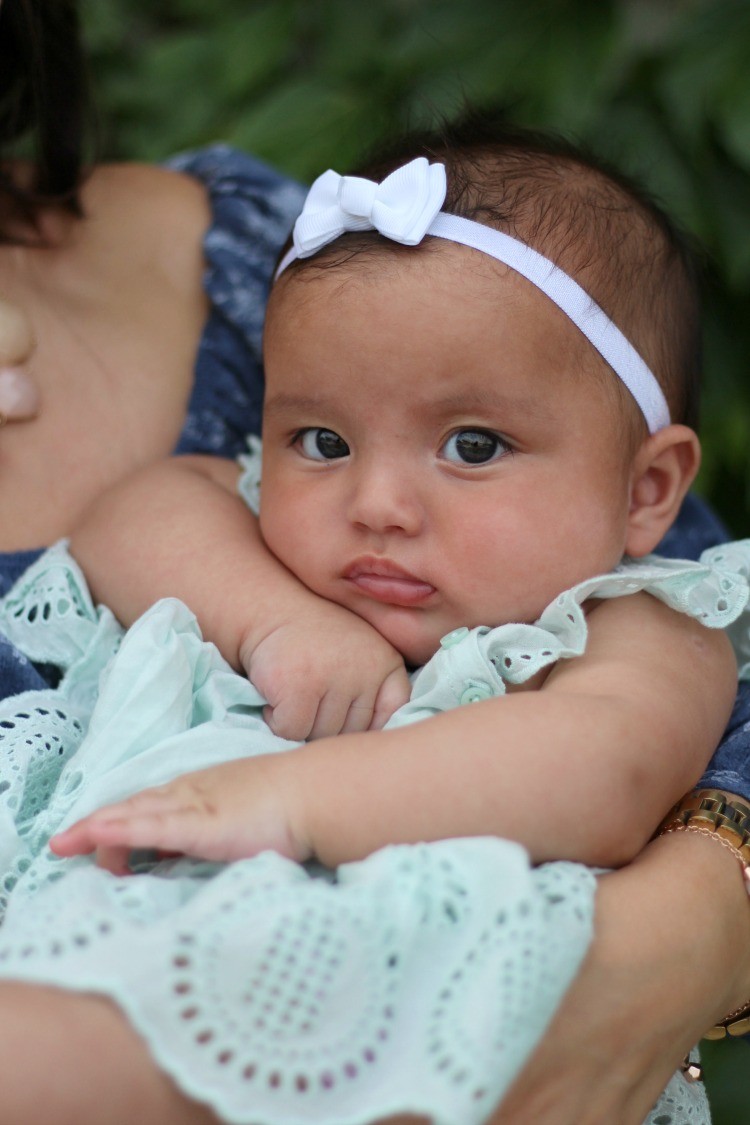 Mommy and Me Day Out, Baby Sofi is wearing Baby Gap and a dainty white bow, 4 month old baby girl