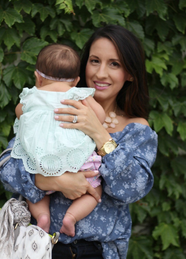 Mommy and me date with Sofi, Lane 201 Floral Denim Off The Shoulder Top, Pretty In Her Pearls, Houston Style, Petite Blogger