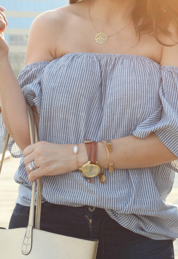 Romwe Off-The-Shoulder Vertical Striped Blouse, Pretty In Her Pearls, Petite Style Blogger