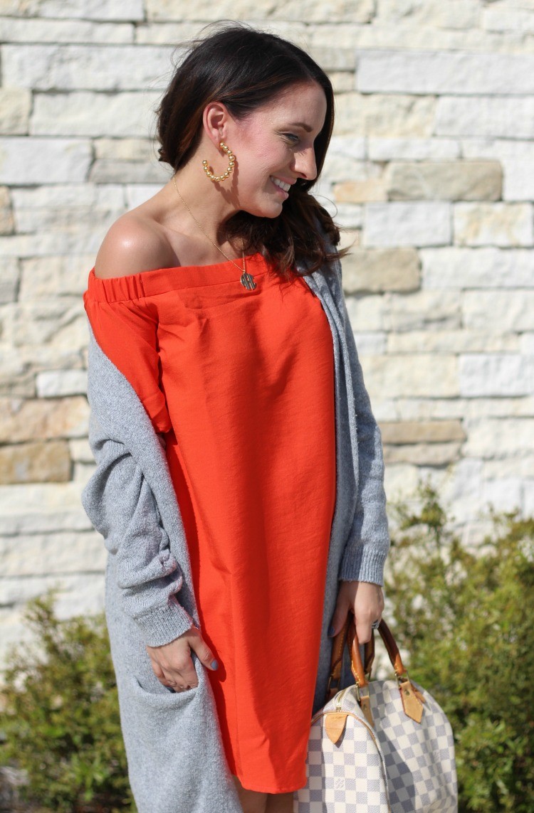 Red Ruffle Off The Shoulder Shift Dress with the perfect long cardigan and booties, Pretty In Her Pearls, Houston Style, Petite Blogger