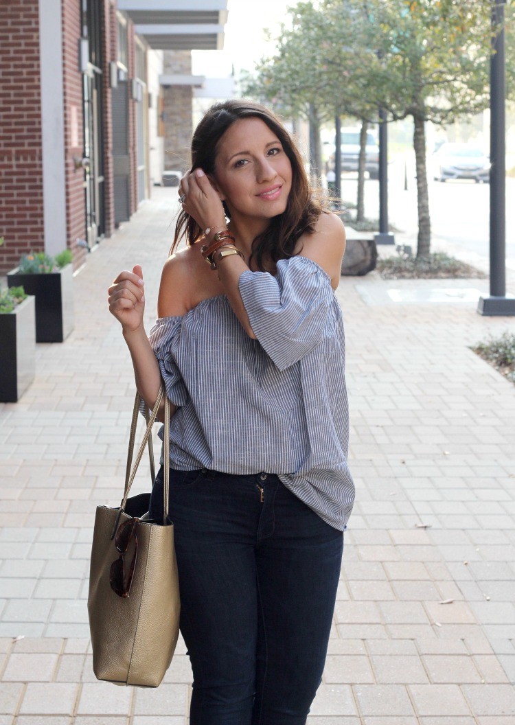 Romwe Off-The-Shoulder Vertical Striped Blouse, Pretty In Her Pearls, Petite Style Blogger