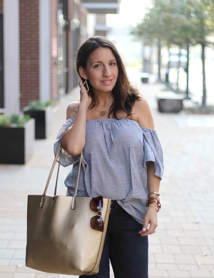 Romwe Off-The-Shoulder Vertical Striped Blouse, Pretty In Her Pearls, Petite Style Blogger