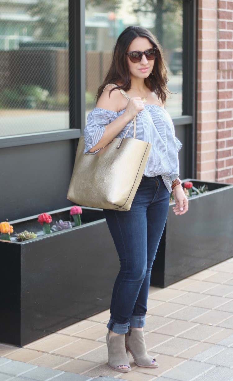 Romwe Off-The-Shoulder Vertical Striped Blouse, Pretty In Her Pearls, Petite Style Blogger