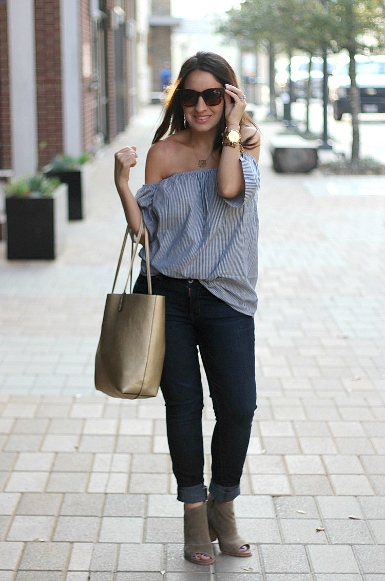 Romwe Off-The-Shoulder Vertical Striped Blouse, Pretty In Her Pearls, Petite Style Blogger