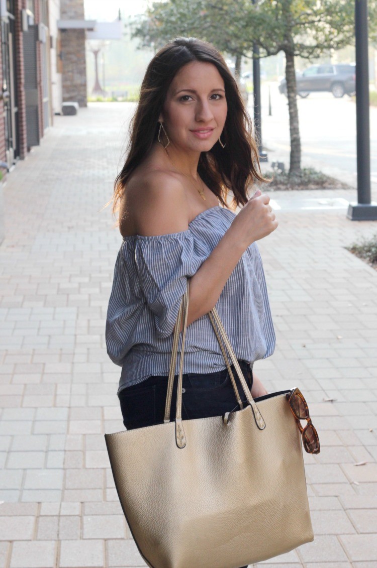 Romwe Off-The-Shoulder Vertical Striped Blouse, Pretty In Her Pearls, Petite Style Blogger