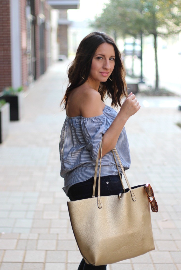 Romwe Off-The-Shoulder Vertical Striped Blouse, Pretty In Her Pearls, Petite Style Blogger