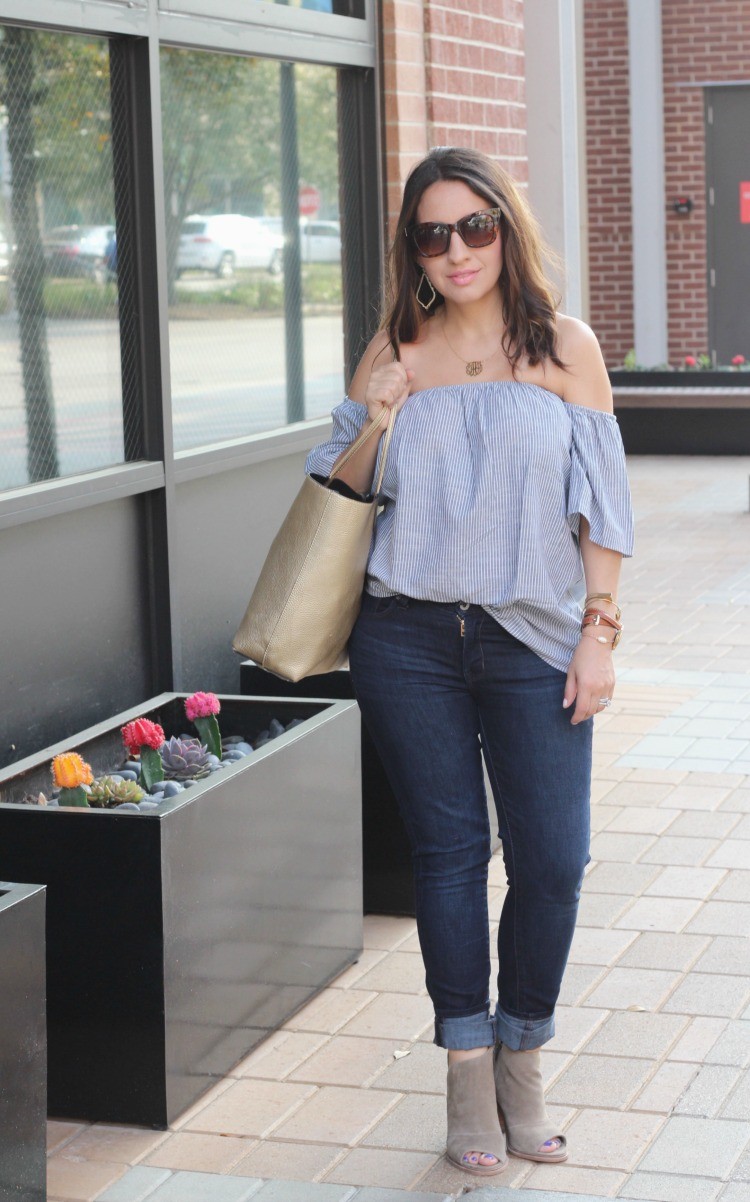 Romwe Off-The-Shoulder Vertical Striped Blouse, Pretty In Her Pearls, Petite Style Blogger