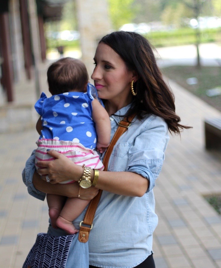 Chambray top and leggings, Pretty In Her Pearls, Petite Style Blogger