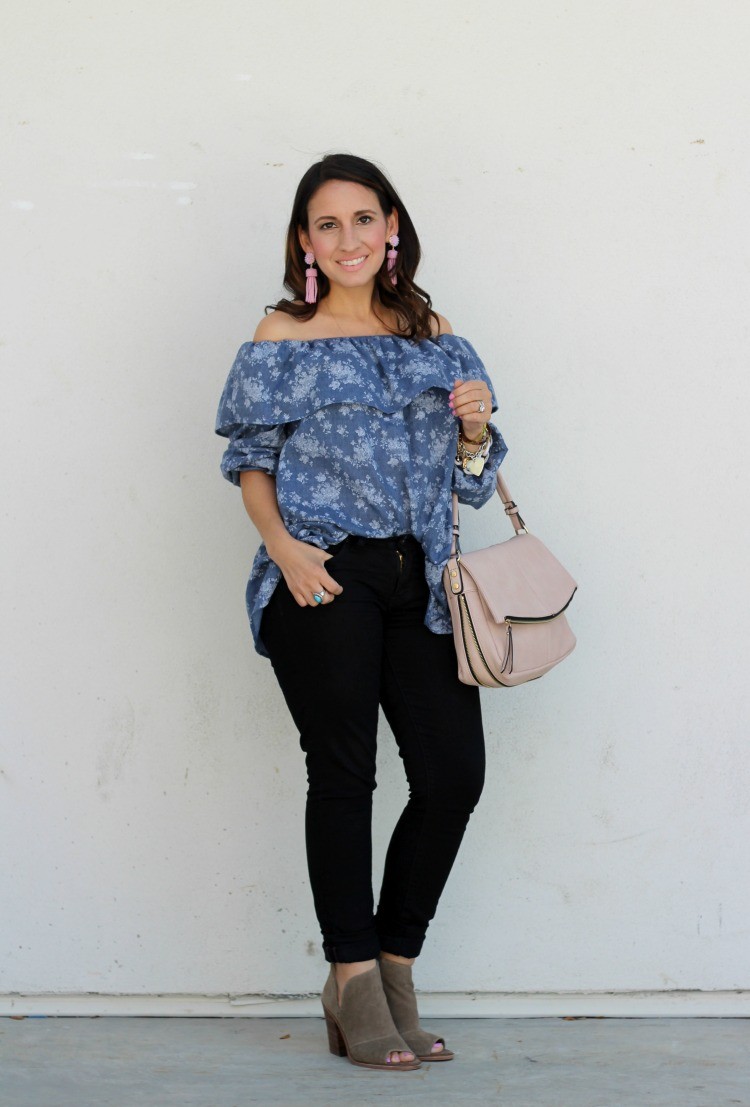 Lane 201 Boutique DENIM FLORAL OFF THE SHOULDER TOP | Houston Blogger | Petite Blogger | Pretty In Her Pearls
