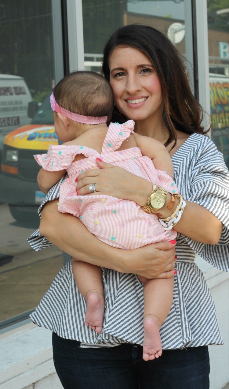 Mommy and me outfit, Romwe Black And White Stripe Bow Wrapped Blouse, Spring style, Houston Blogger, Petite Blogger, Pretty In Her Pearls