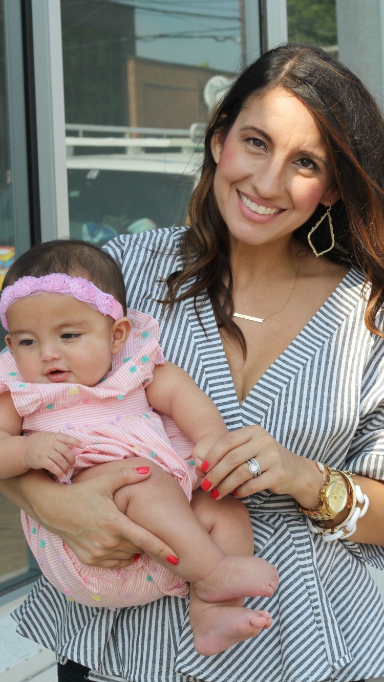 Mommy and me outfits, Romwe Black And White Stripe Bow Wrapped Blouse, Spring style, Houston Blogger, Petite Blogger, Pretty In Her Pearls