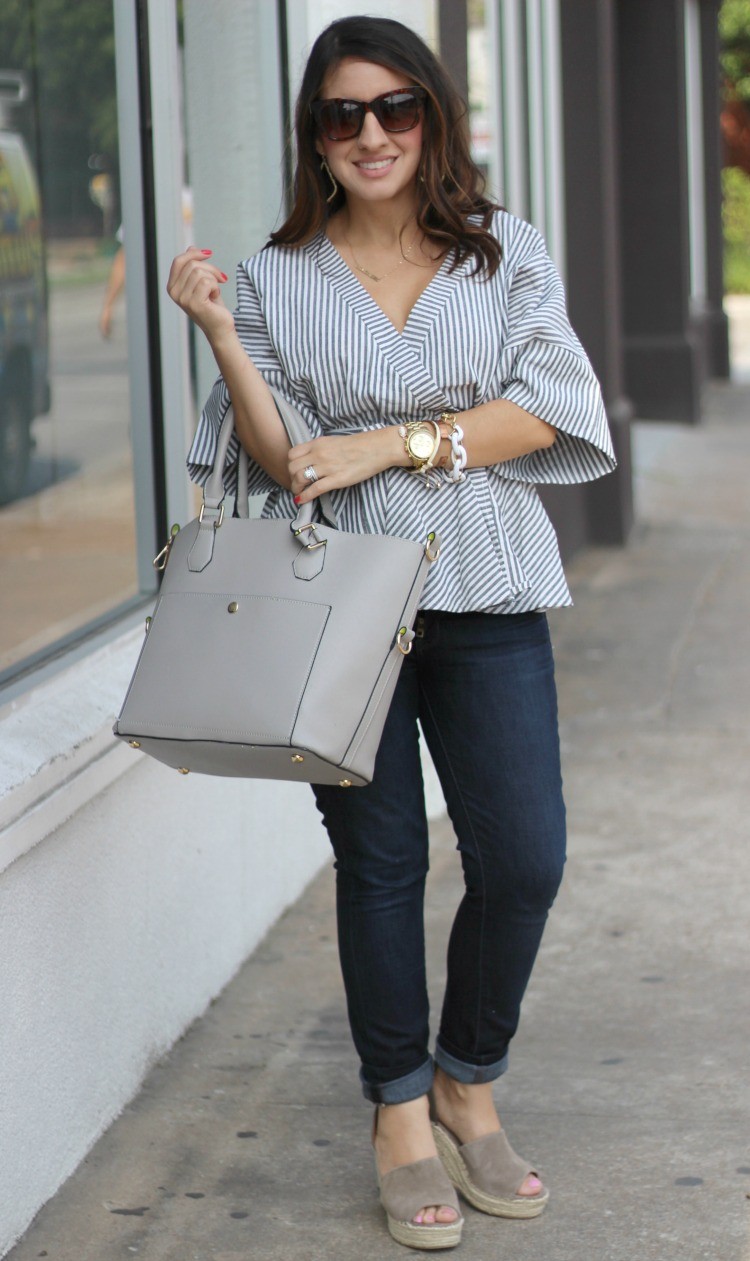 Romwe Black And White Stripe Bow Wrapped Blouse, Spring style, Houston Blogger, Petite Blogger, Pretty In Her Pearls