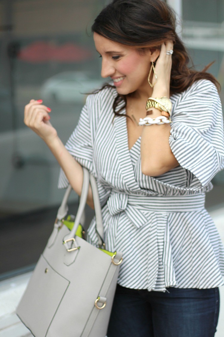 Romwe Black And White Stripe Bow Wrapped Blouse, Spring style, Houston Blogger, Petite Blogger, Pretty In Her Pearls