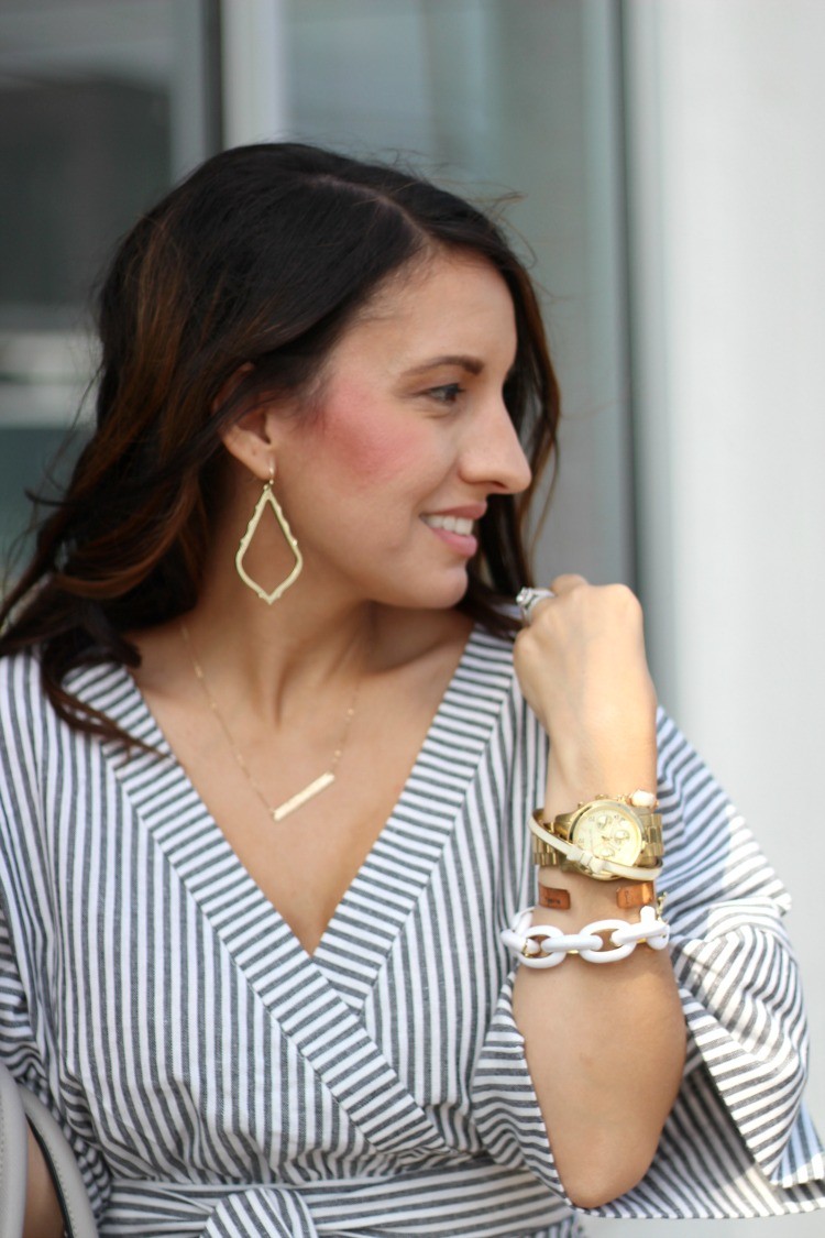 Romwe Black And White Stripe Bow Wrapped Blouse, Spring style, Houston Blogger, Petite Blogger, Pretty In Her Pearls